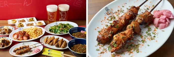 各種スパイス料理(左)と、スパ研名物!ラム肉スパイス串(右)