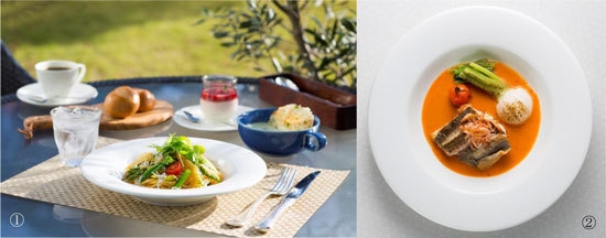 1.『パスタ』しらすと春野菜のスパゲッティ スモークした数の子を添えて 2.『魚料理』イサキとすずなのロティ 桜海老のブイヤベース