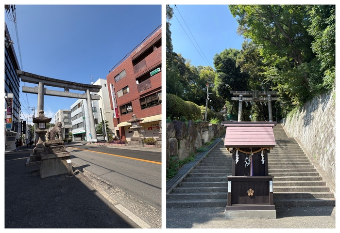 山崎の戦い前夜に秀吉が陣を構えた“天神の馬場”(左)や、その山道にある“上宮天満宮”(右)などを巡る