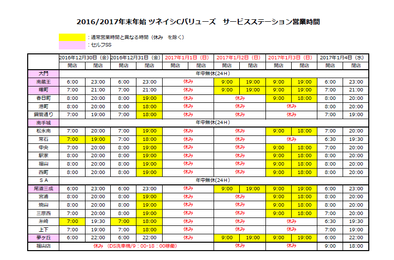 サービスステーション年末年始の営業時間(2016-2017)