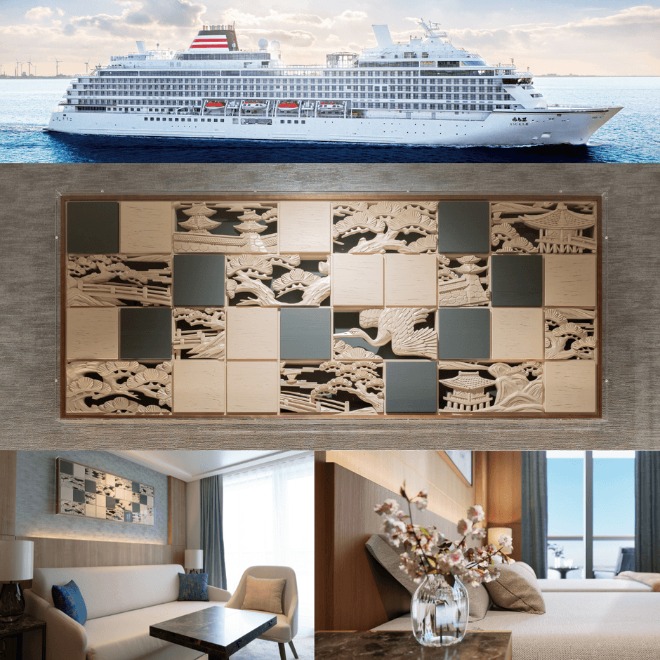 豪華客船『飛鳥III』と、ミッドシップスイート客室「大阪府部屋」(8030号室)に採用。 画像提供:(C)郵船クルーズ株式会社