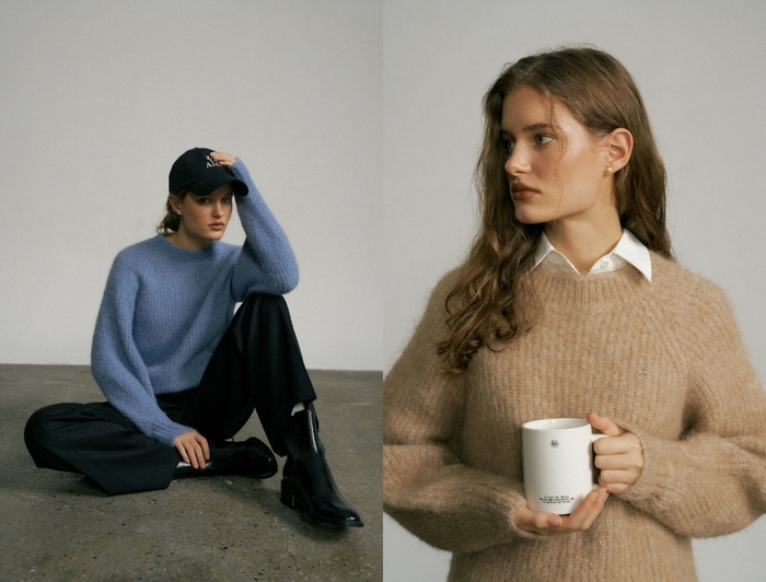 【クルーネックラウンドニット】左 ブルー 右 ブラウン