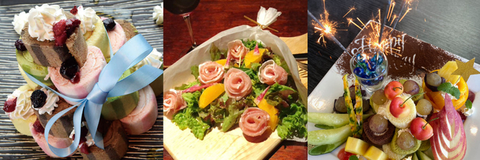 ロールケーキタワーは5段まで可。食べられる花束サラダも人気。特注デザートプレートも。