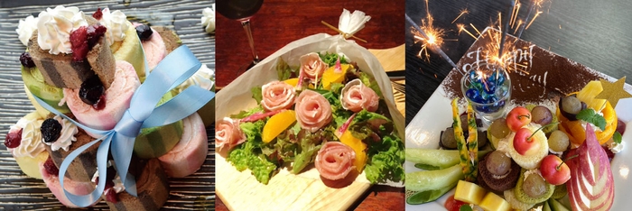 ロールケーキタワーは5段まで可。食べられる花束サラダも人気。特注デザートプレートも。