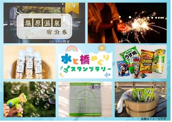 1等:塩原温泉宿泊券10,000円 2等:花火セット 3等:塩原温泉みすと 4等:シャボンガン 5等:駄菓子詰め合わせ 6等:ハンドタオル&みるひぃステッカー 7等塩原温泉入浴剤