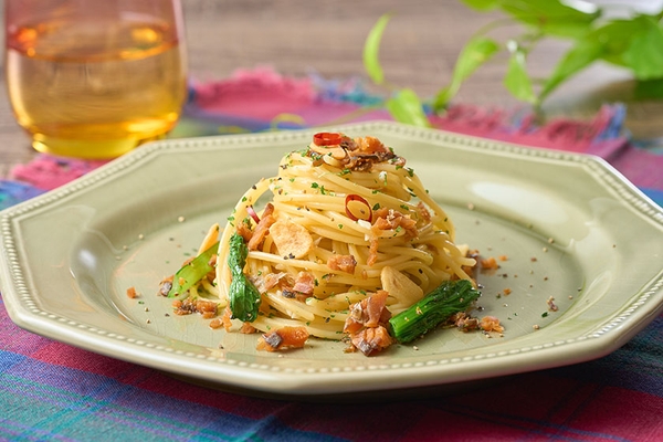 へしこを使った和風ペペロンチーノ。独特の旨味と絶妙な塩加減のシンプルな美味しさをお楽しみください。(あわら提供メニュー)