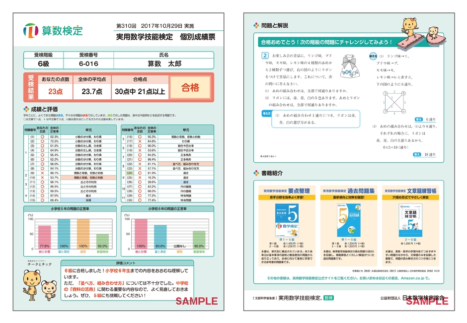 個別成績票サンプル 算数検定6級表面・裏面