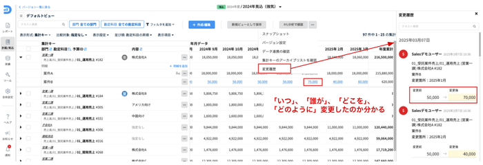明細数値の変更履歴一覧