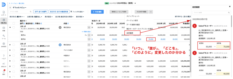 明細数値の変更履歴一覧
