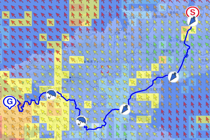 降水量・風向風速・ルート表示例