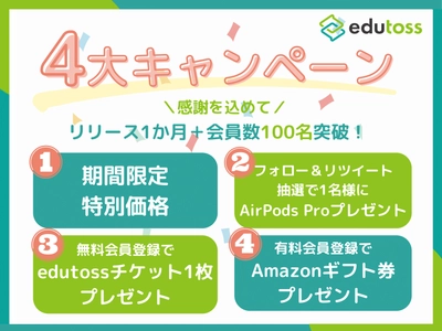 中高生のオンライン個別指導プラットフォーム“edutoss” サービスリリース1ヶ月と会員数100名突破を 記念した4大キャンペーンを実施