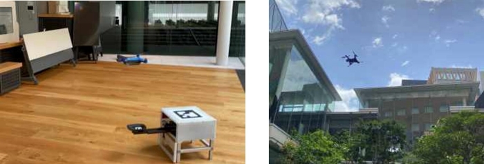 ドローンポートから離陸する様子（左）、屋外を自動巡回する様子（右）