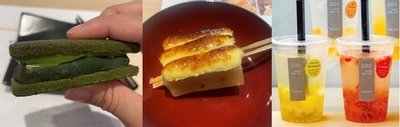 （左）大和茶あんばたーさんど、（中央）ブリュレ芋羊かん、（右）KUZU MOCHI SODA