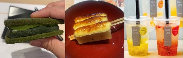 (左)大和茶あんばたーさんど、(中央)ブリュレ芋羊かん、(右)KUZU MOCHI SODA