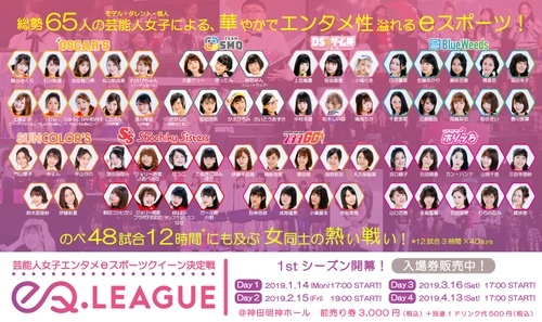 総勢65人の芸能人女子による、 エンタメeスポーツクイーン決定戦『eQリーグ』 1stシーズンDay 2出演タレント54人発表！ 2月15日(金)に神田明神ホールで開催！！ 全8チームのミニアクリルスタンドも販売決定！