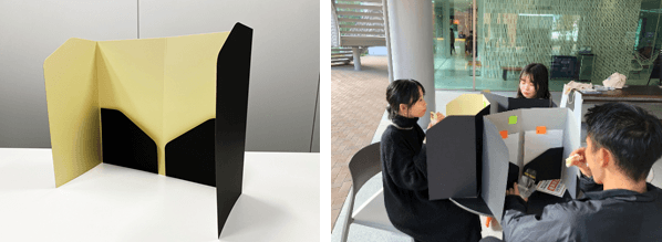 近大生が開発した飛沫対策ボード「ファイルDeガード」（左）、「ファイルDeガード」使用時の様子（右）