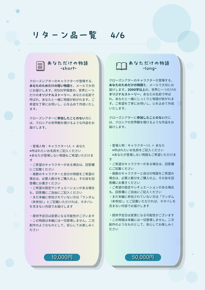 あなただけの物語制作のリターン詳細