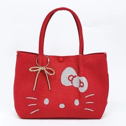 サンリオ×ルートートコラボのトートバッグ！ハローキティのシンプルなフェイスデザインとラメ入りが華やかなニットトートです。