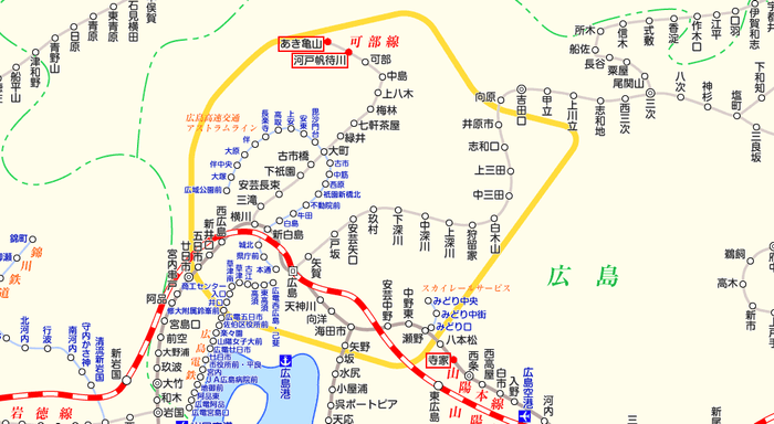 JR西日本の新駅（寺家、河戸帆待川、あき亀山）周辺の路線図