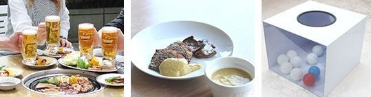 (左)キリン「一番搾り」で乾杯!(中央)池海将公認“華麗なる”「愚直たれ」(右)月・火曜日はラッキー抽選会デー