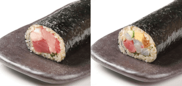 赤酢のシャリを用いた「近大生まれのマグロ恵方巻」（左）と「近大生まれの海鮮恵方巻」（右）