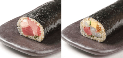 赤酢のシャリを用いた「近大生まれのマグロ恵方巻」(左)と「近大生まれの海鮮恵方巻」(右)