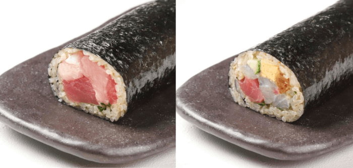 赤酢のシャリを用いた「近大生まれのマグロ恵方巻」(左)と「近大生まれの海鮮恵方巻」(右)