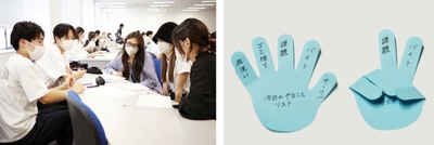 商品企画の打ち合わせの様子(左)、商品の使用例(右)