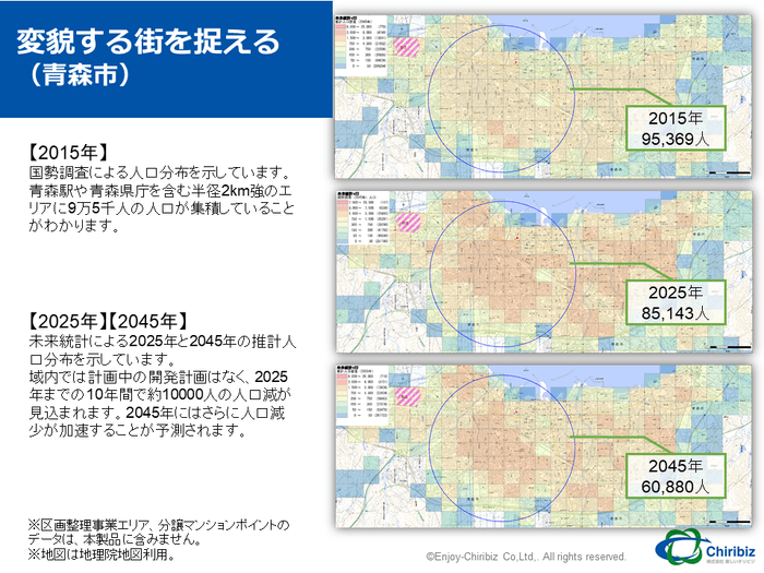 青森市街地の推計人口の変化マップ