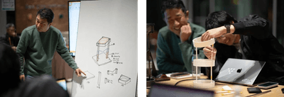 薪割り機の商品開発の様子(左) 薪割り機の制作の様子(右) 撮影:千木良健太