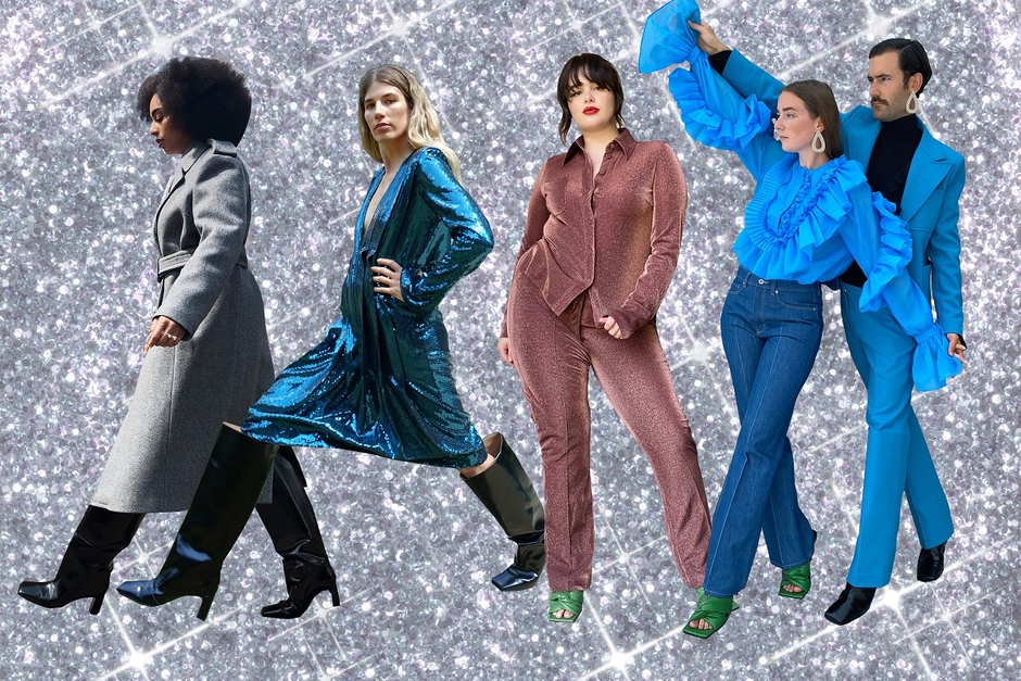 左から：①ウールブレンドコート￥24,999　オーバーサイズレザーブーツ￥22,999  ②スパンコールドレス￥18,999　オーバーサイズレザーブーツ￥22,999 ③グリッターシャツ￥8,499　 グリッターパンツ￥9,499　パッデッドレザーサンダル￥13,999 ④ラッフルボリュームブラウス￥9,999　ハイワイドレッグデニム￥8,499　パッデッドレザーサンダル￥13,999 ⑤ウールブレンドジャケット￥18,999　ウールブレンド テーラードパンツ￥11,999　ラインストーンイヤリング￥3,999