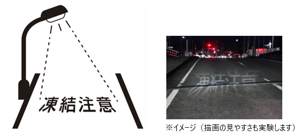 裾野市において冬季の路面凍結対策として初の試み 　LED照明を活用した路面描画で ドライバーに注意喚起を行う実証実験を開始