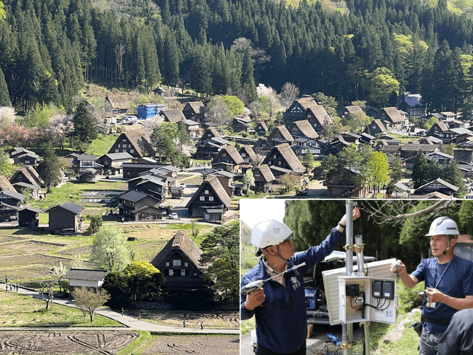 白川郷合掌造り集落と右下は熊ソニックを設置する辻特担教授（左）ら