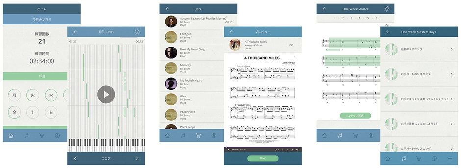 専用アプリ「Piano Every Day」ホーム画面と再生画面／曲購入と譜面表示画面／「1 Week Master」の画面