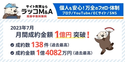 【ラッコM&A】2023年7月実績：成約数138件、成約金額1億4,082万円で過去最高！