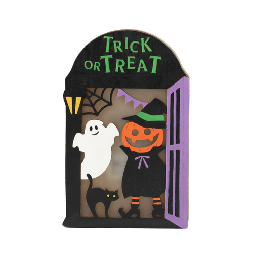 「ウッド LEDデコ Halloween Door」価格：869円／サイズ：W9.5×D2.5×H14.5cm／ボタン電池LR44×2個（付属品）