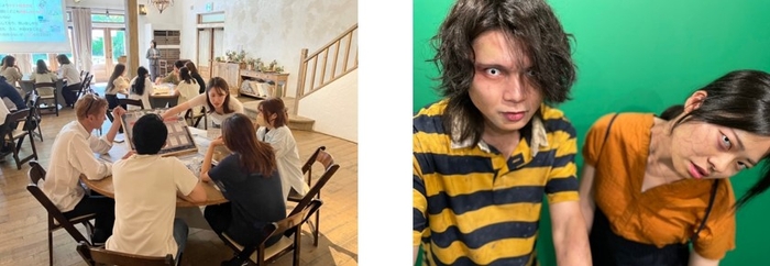 コンセンサスゲーム型研修に取り組む様子(左)、ゾンビイメージ(右)※ 画像はイメージです