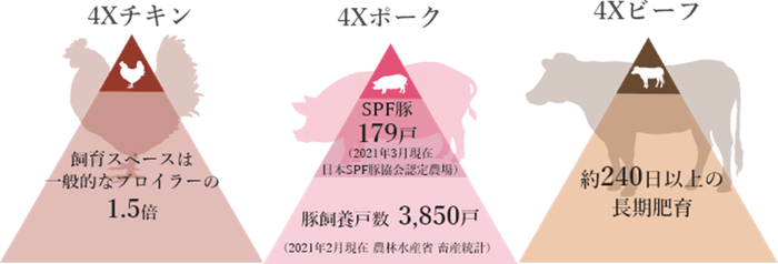 4Xチキン、4Xポーク、4Xビーフ