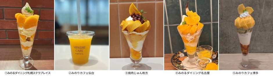①国産柿のパフェ 1,749円 ②国産柿のスムージー 759円③国産米粉のふわもちシフォンサンド ~国産柿~ 単品750円④国産柿のパフェ 2,189円 ⑤国産柿とピスタチオアイスのクリームパフェ 1,859円