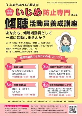 「いじめが終わる方程式(R)」 2021年度いじめ防止専門傾聴活動員養成講座の第二回がスタート　 日時：2021年11月28日、12月5日、12月12日、12月19日