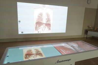 最先端機器「アナトマージテーブル」。解剖学の観点から、体内の臓器、筋肉、神経の細部に至るまで投影することができます。