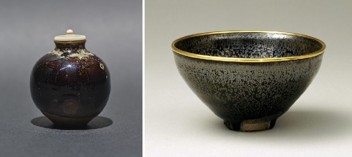 左:黒釉文琳茶入 銘 望月 薩摩 江戸時代・17世紀 松永安左エ門氏寄贈 東京国立博物館蔵、右:重要文化財 油滴天目 中国・建窯 南宋時代 九州国立博物館蔵