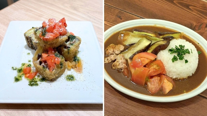左から【博多店】博多なすと博多のトマトの モッツアレラチーズミルフィーユカツ定食 1,529円【パルコ店】博多なすと博多のトマトチキンカレー 1,320円 ※写真はイメージです。価格は全て「税込」「店内価格」