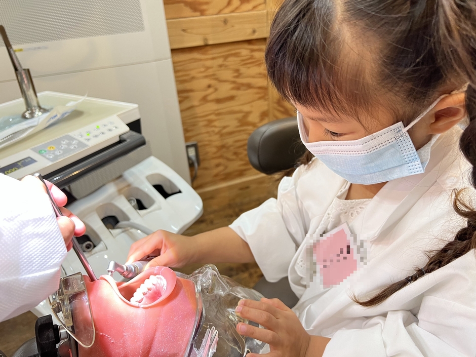 白衣姿で実際の器具を使います。まさに歯医者さん!(過去の様子)