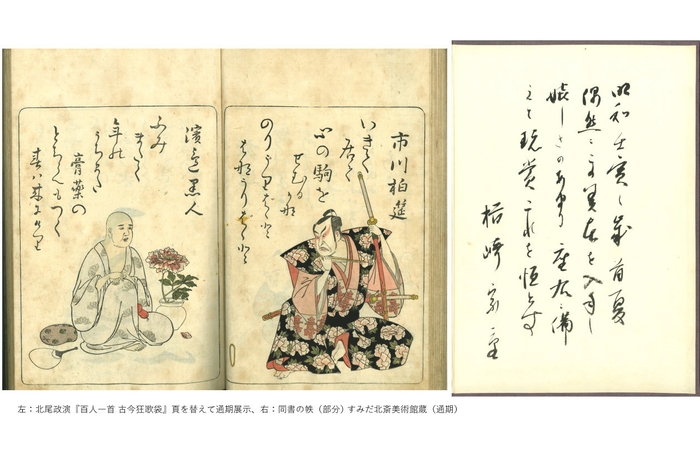 左:北尾政演『百人一首 古今狂歌袋』すみだ北斎美術館蔵(頁を替えて通期展示)
