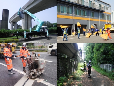 (左上)高架橋下面防護、(右上)路上作業安全講習、(左下)白線復旧、(右下)高架橋草刈り