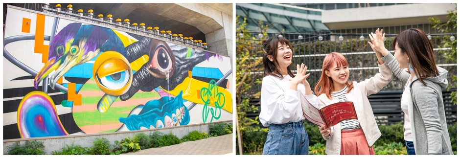 左:壁画アートのイメージ/右:街中で謎解きを楽しむ参加者のイメージ