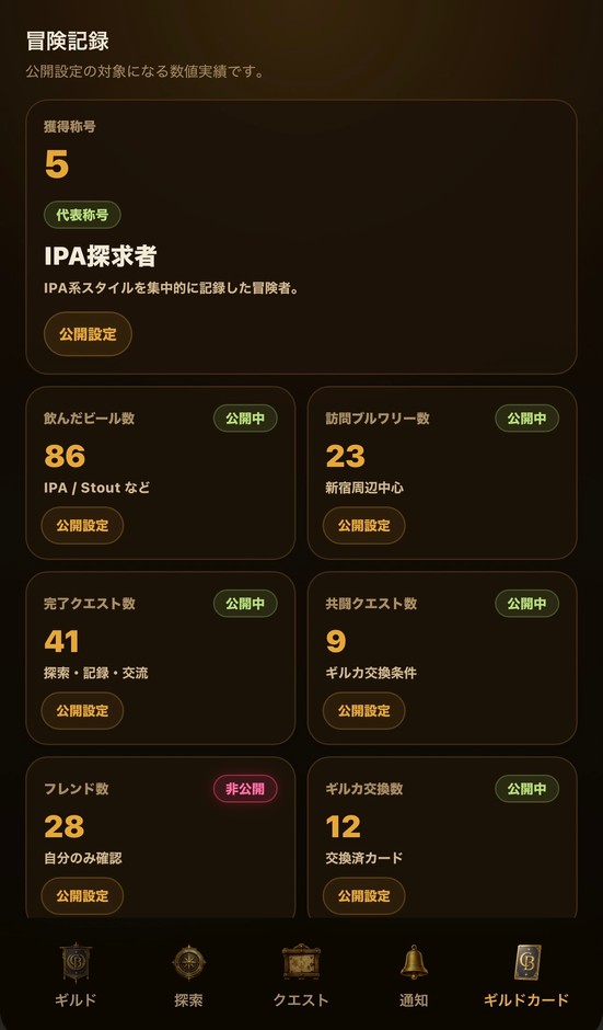 飲んだビール、訪れた場所、交流した仲間が記録できる