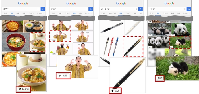 【アイレップ】Google モバイル画像検索 にて左から「親子丼」「PPAP」「ボールペン」「パンダ」の検索結果の表示例