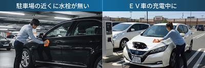 水を使わず、場所を選ばない洗車シーン